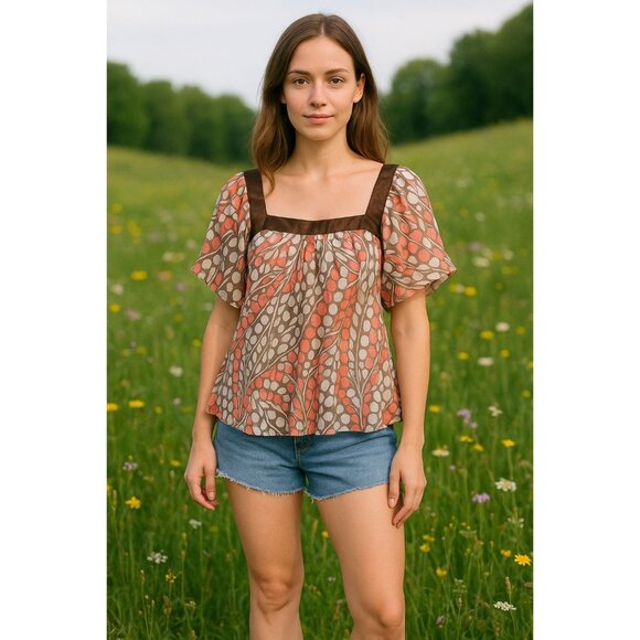 Cloze Chenault Boho Babydoll Blouse L Brown Red Sheer Geometric Whimsical Indie - Picture 1 of 6